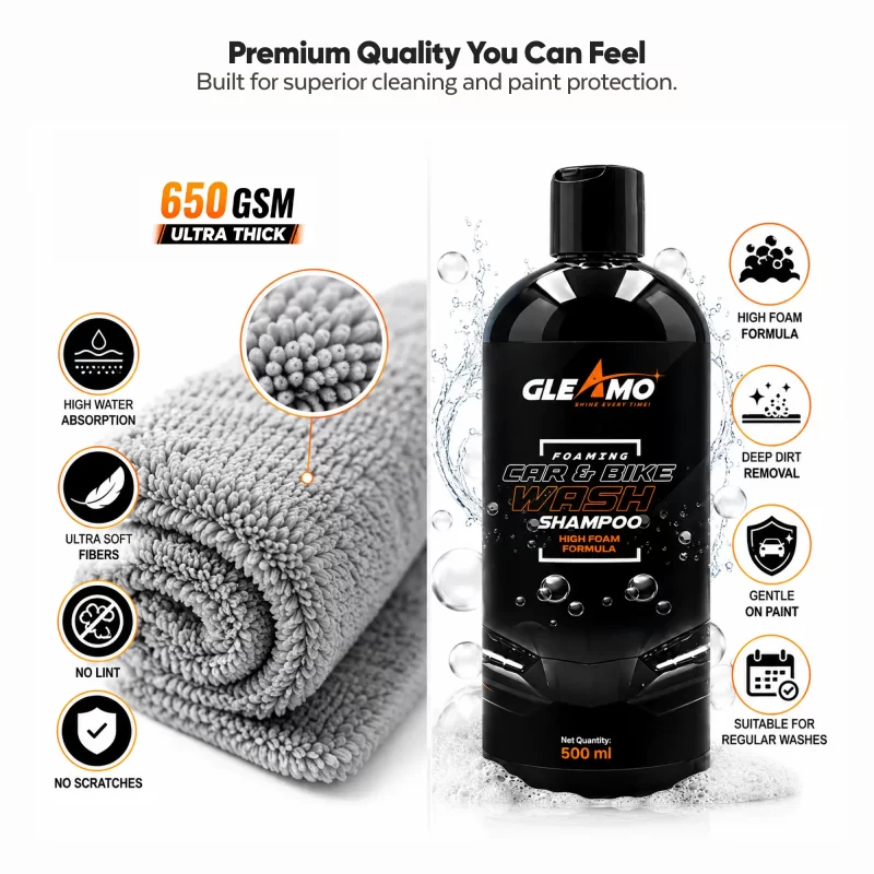 Wash Shampoo 500 ml + 650 GSM Microfiber Cloth Combo