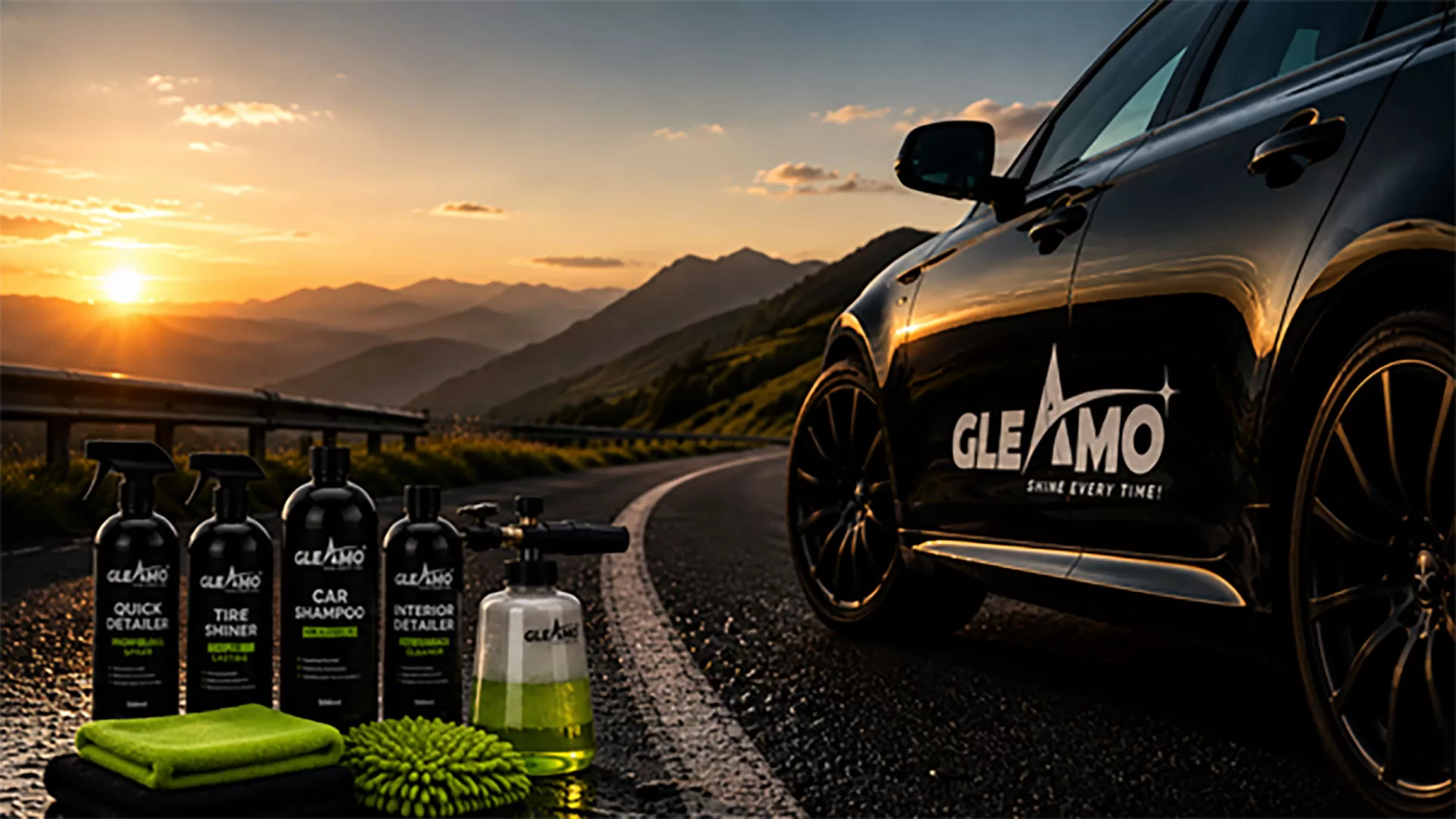 Premium black car detailed with Gleamo car care products