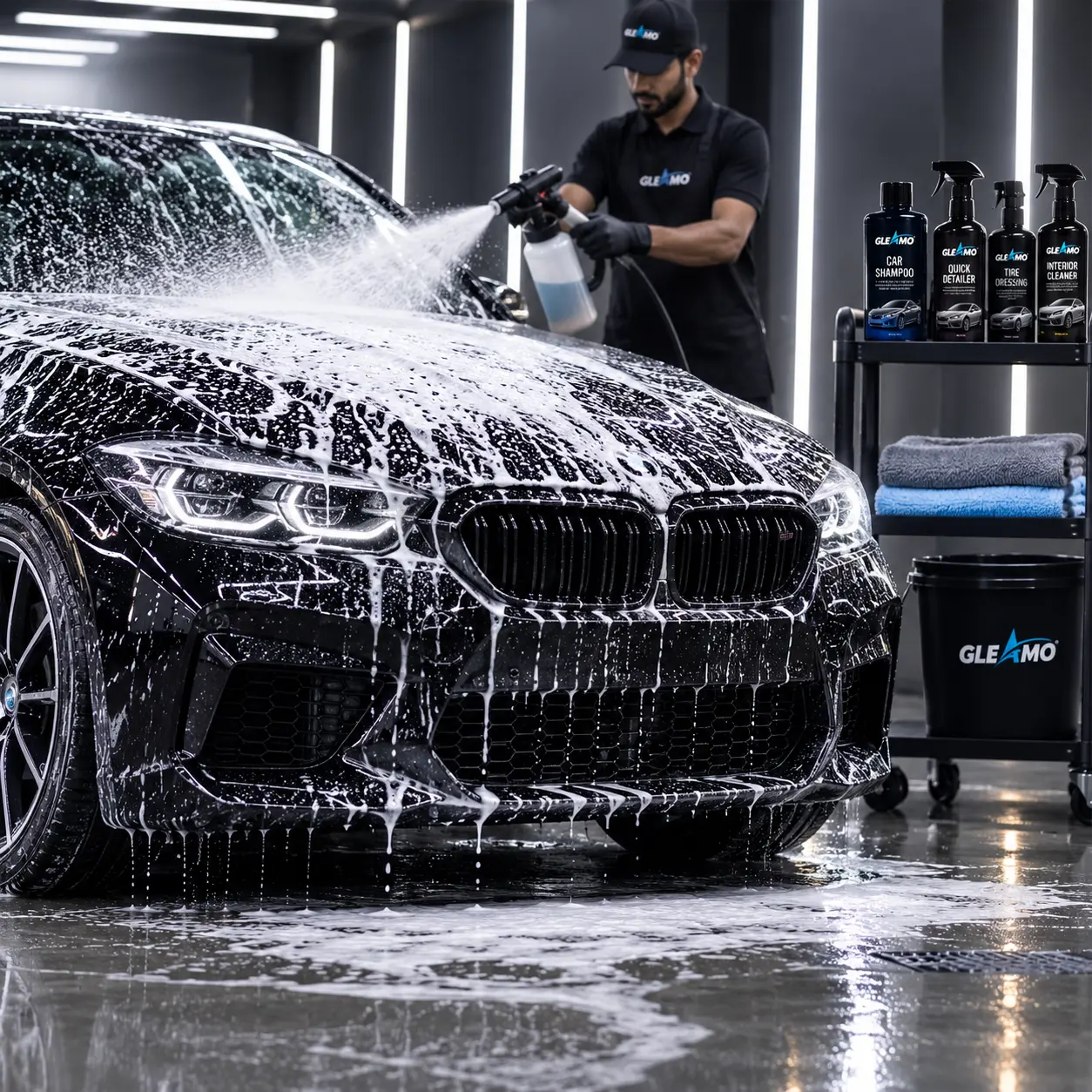 Car exterior foam wash with Gleamo car care products