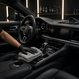 Car interior being cleaned with Gleamo products