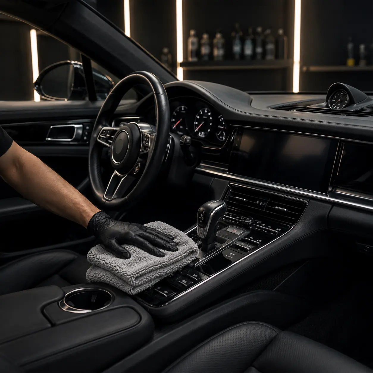 Car interior being cleaned with Gleamo products